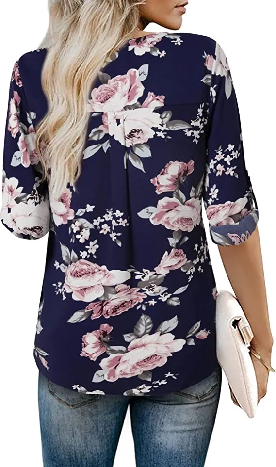 Beige Orange Womens 3/4 Cuffed Sleeve Chiffon Printed V Neck Casual Blouse Shirt Tops - Youtalia