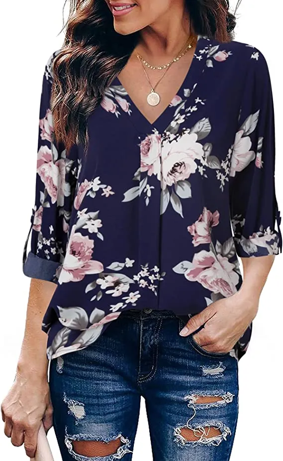 Beige Orange Womens 3/4 Cuffed Sleeve Chiffon Printed V Neck Casual Blouse Shirt Tops - Youtalia