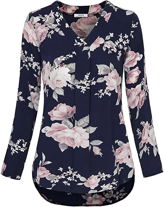 Beige Orange Womens 3/4 Cuffed Sleeve Chiffon Printed V Neck Casual Blouse Shirt Tops - Youtalia