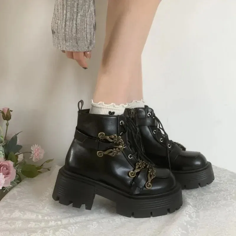 binfenxie  -  35-40 Fashion New Women's Biker Boots Patent Leather Breathable Zipper Lolita Platform Boots  Winter New Retro Gothics Boots