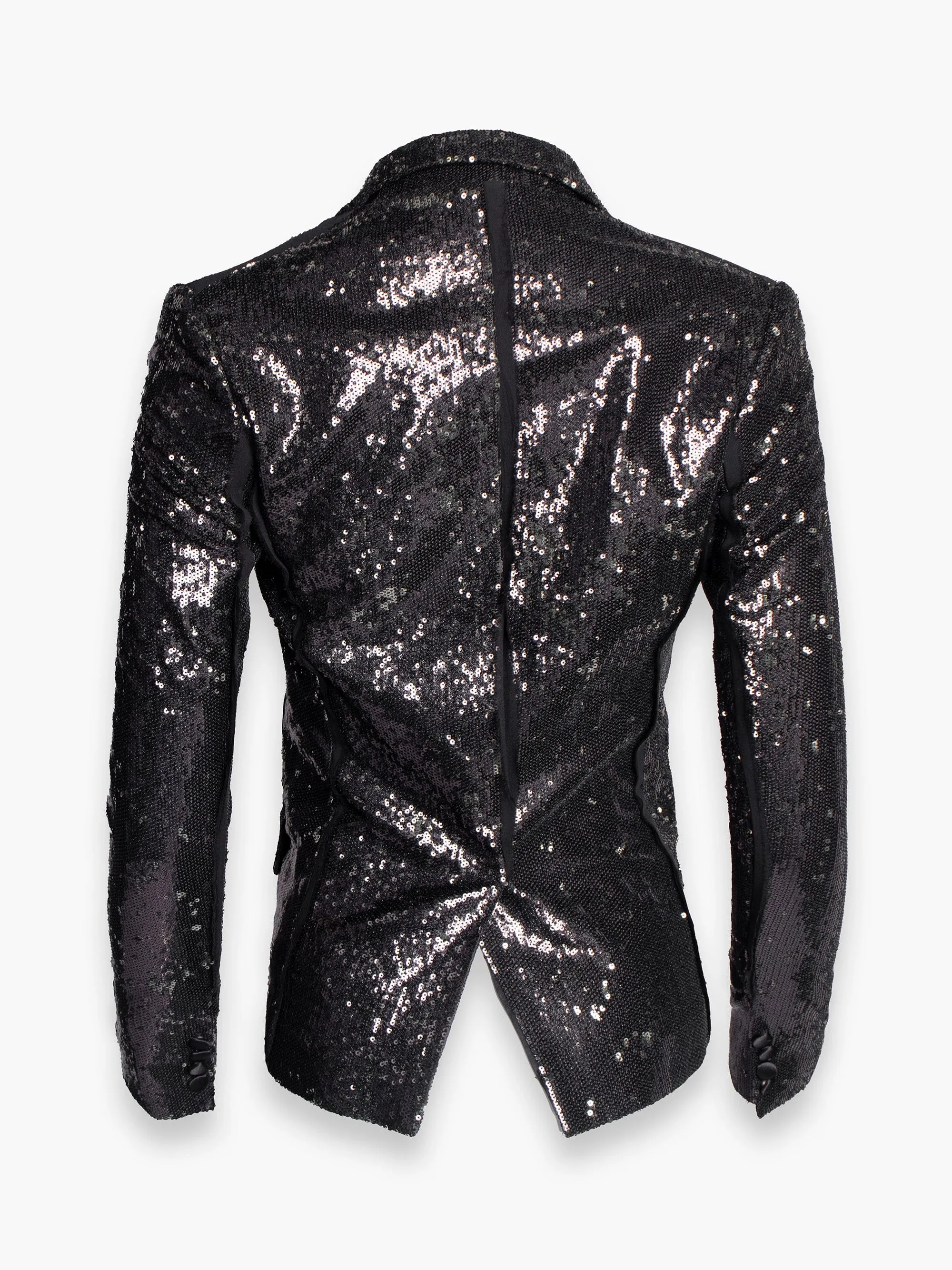Black Sequin Blazer Jacket With Vertical Silk Details
