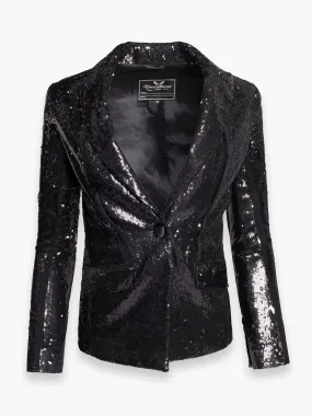 Black Sequin Blazer Jacket With Vertical Silk Details