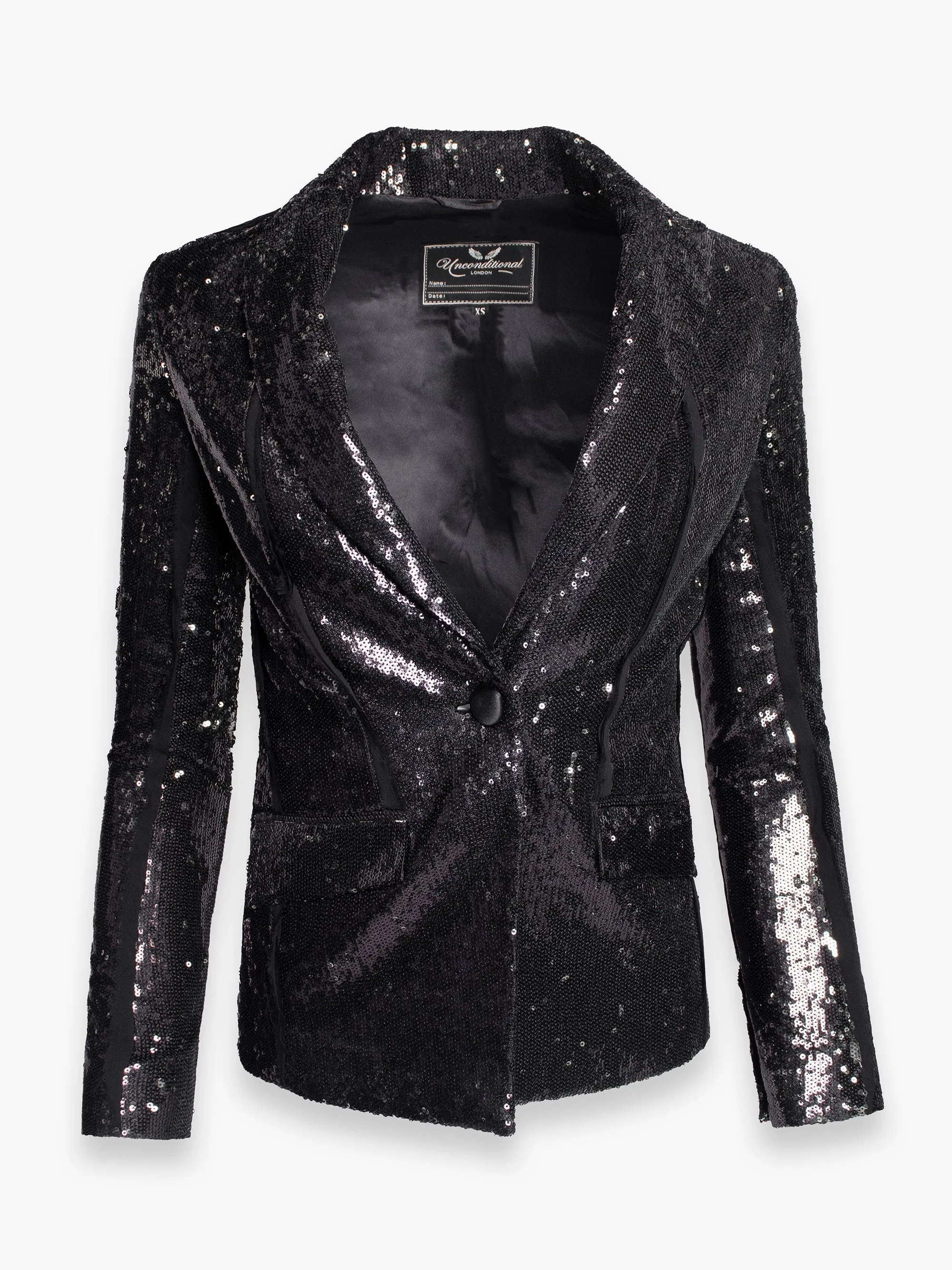 Black Sequin Blazer Jacket With Vertical Silk Details