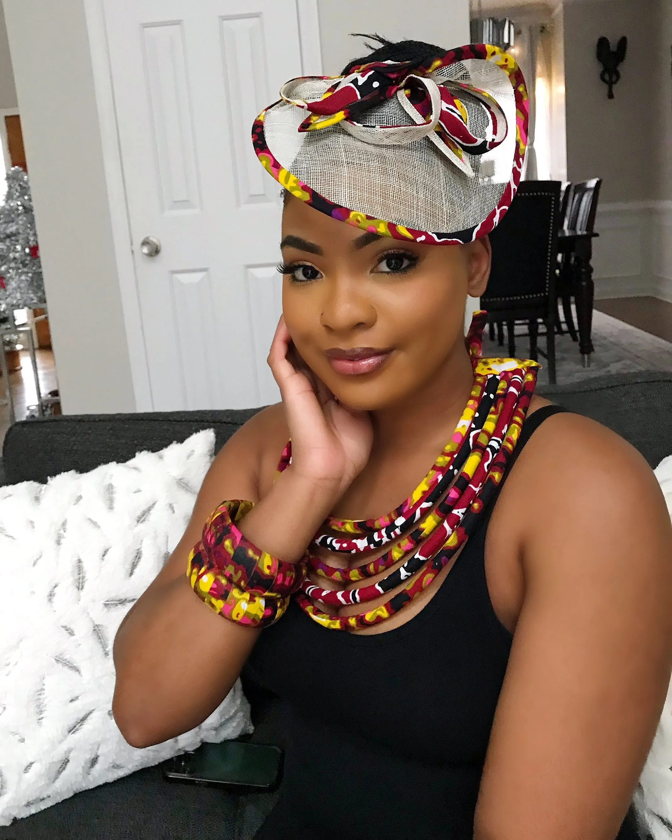 Carmela African Print Fascinator Hair Clip Hat - Yellow / Red