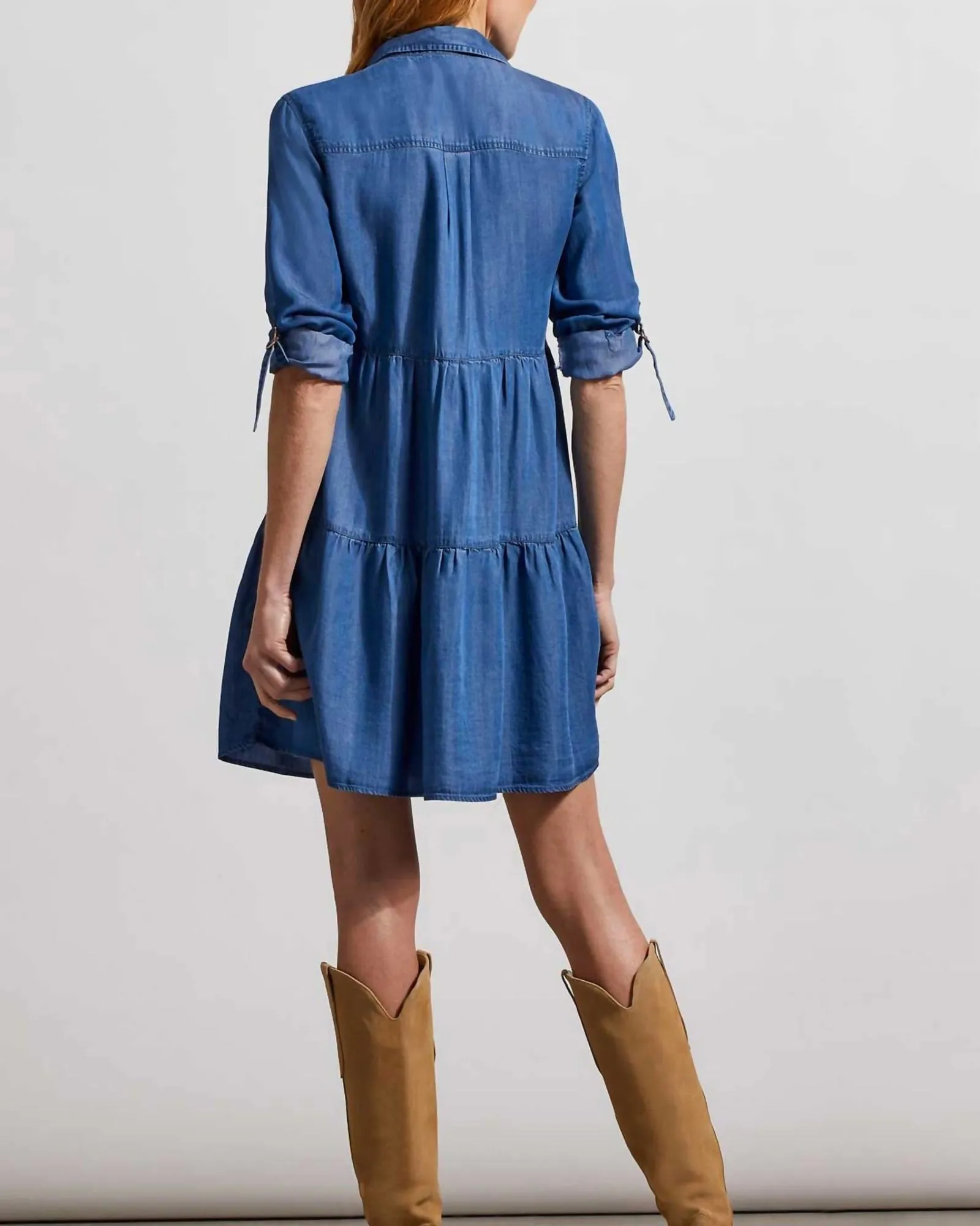 Chambray Roll-Sleeve Shirt Dress in Blue | Blue