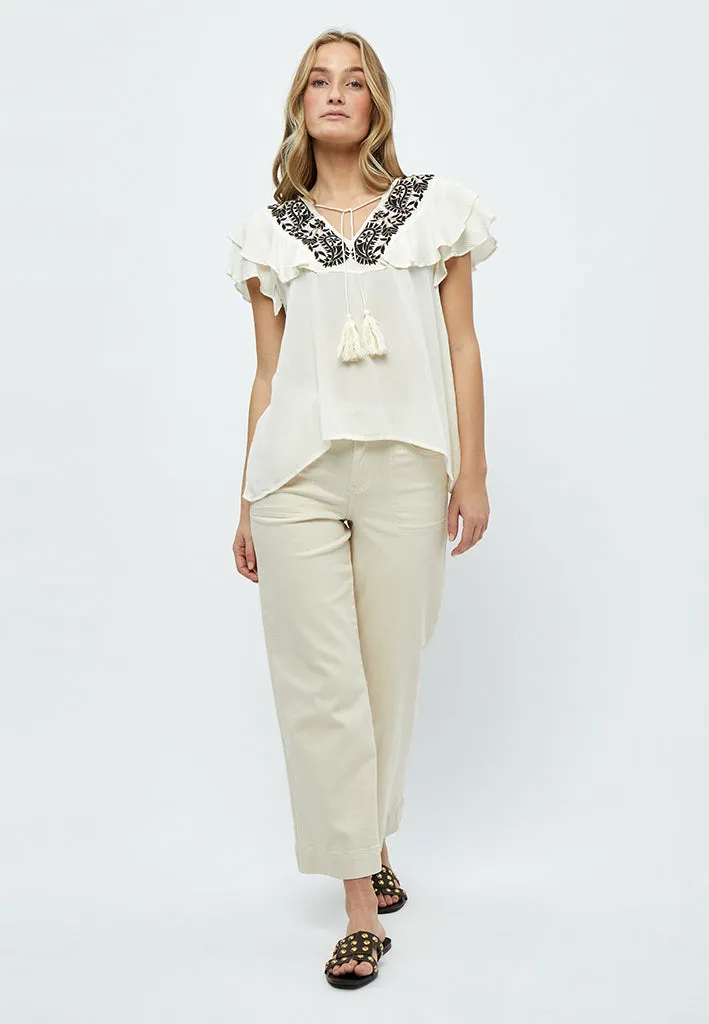Christa Short Sleeve Embroidery Blouse - White Peony