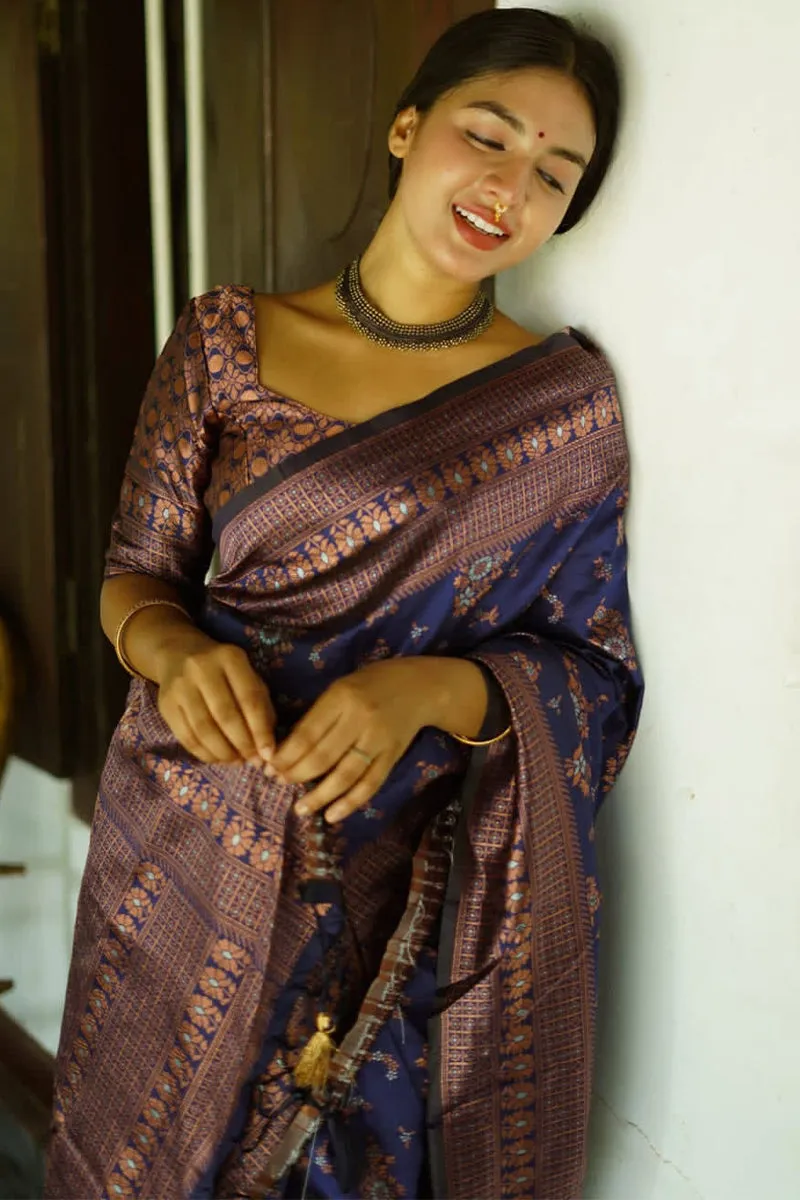 Demure Blue Soft Silk Saree With Smashing Blouse Piece