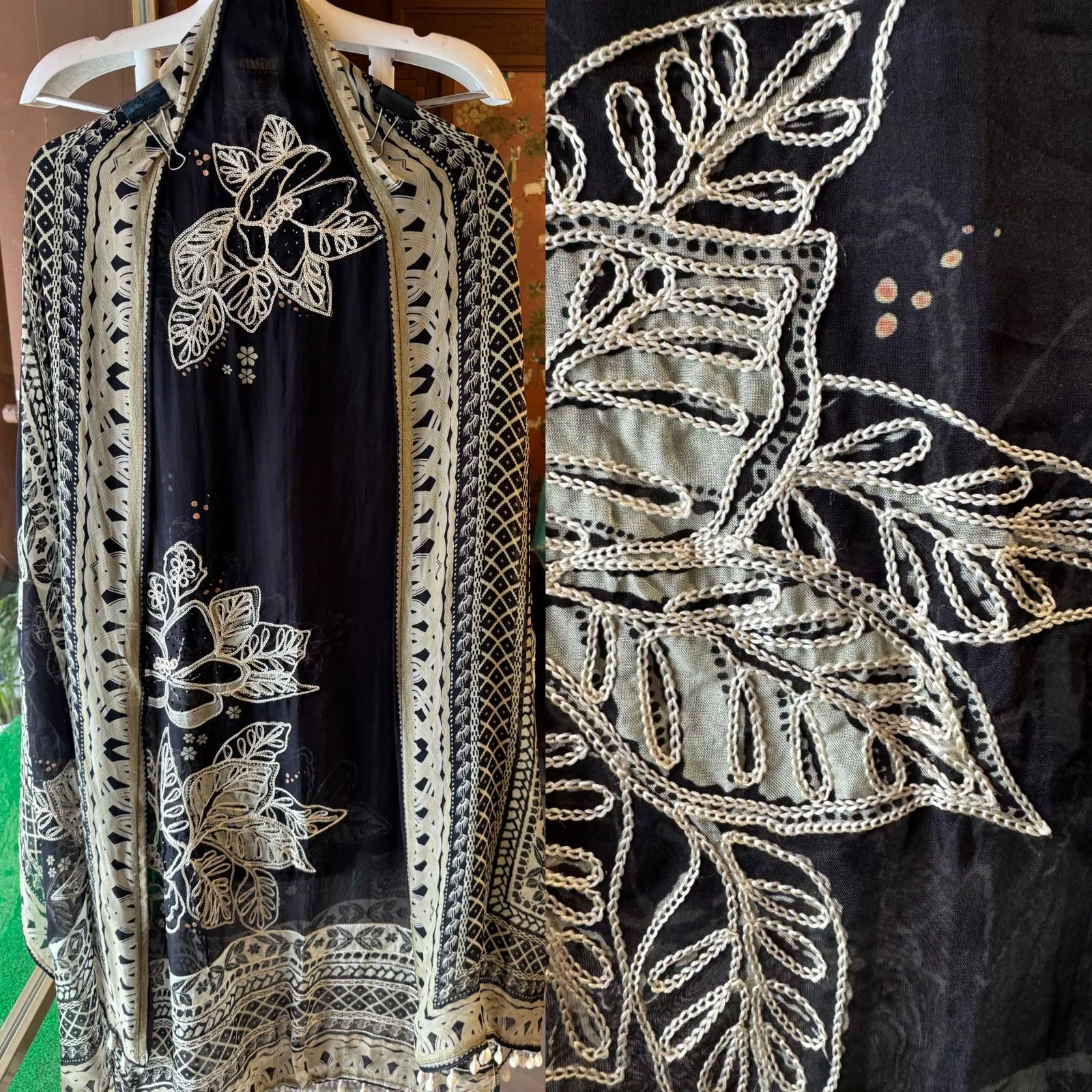 Digital printed Soft and flowy Organza Shirt with designer thread embroidered concept with thread Kadhai and Swarovski highlights