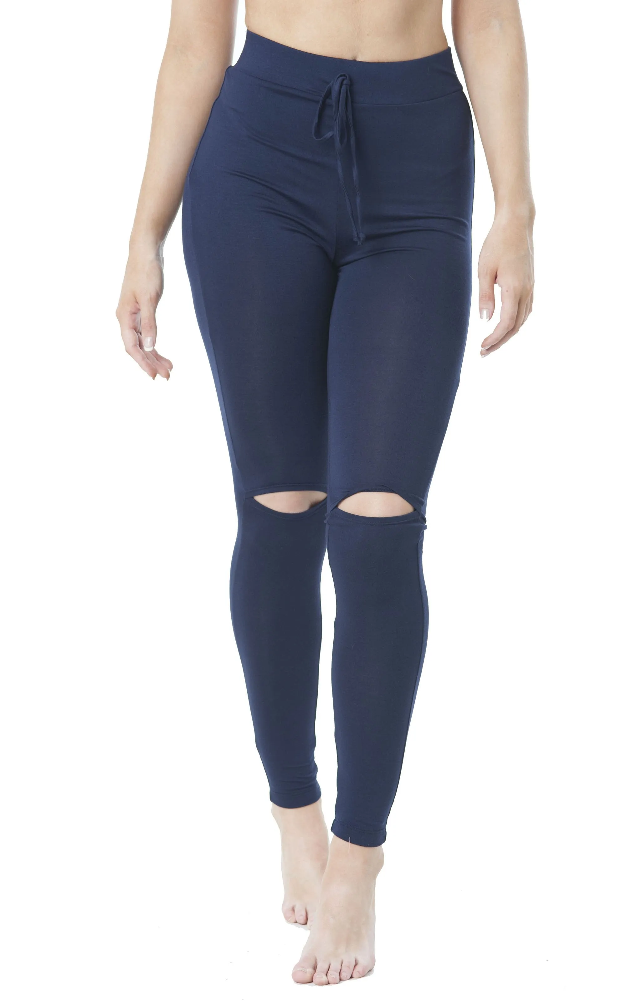 Drawstring Spandex Stretchy Fitted Long Pants With Knee Slits Leggings