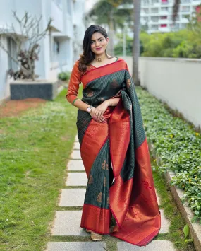 Ebullience Dark Green Soft Silk Saree With Eye-catching Blouse Piece