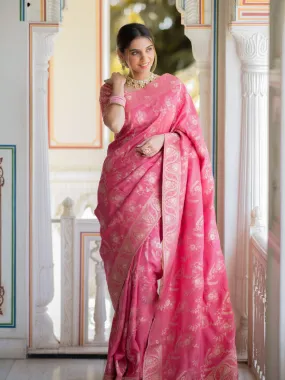 Effervescent Pink Soft Silk Saree With Assemblage Blouse Piece