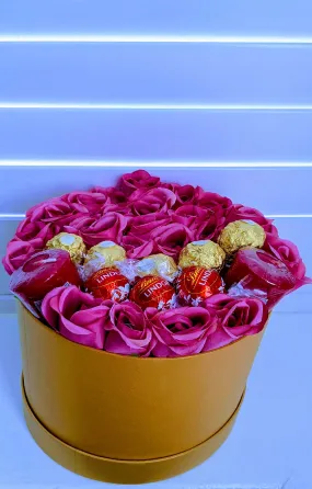Elegant Hat Box Florals,Candles, & Ferrero & Lindt