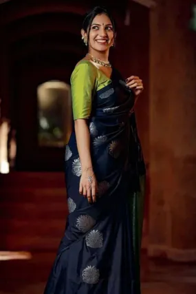 Elision Navy Blue Soft Silk Saree With Lissome Blouse Piece