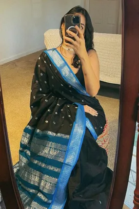 Exceptional Black Soft Silk Saree With Mesmeric Blouse Piece