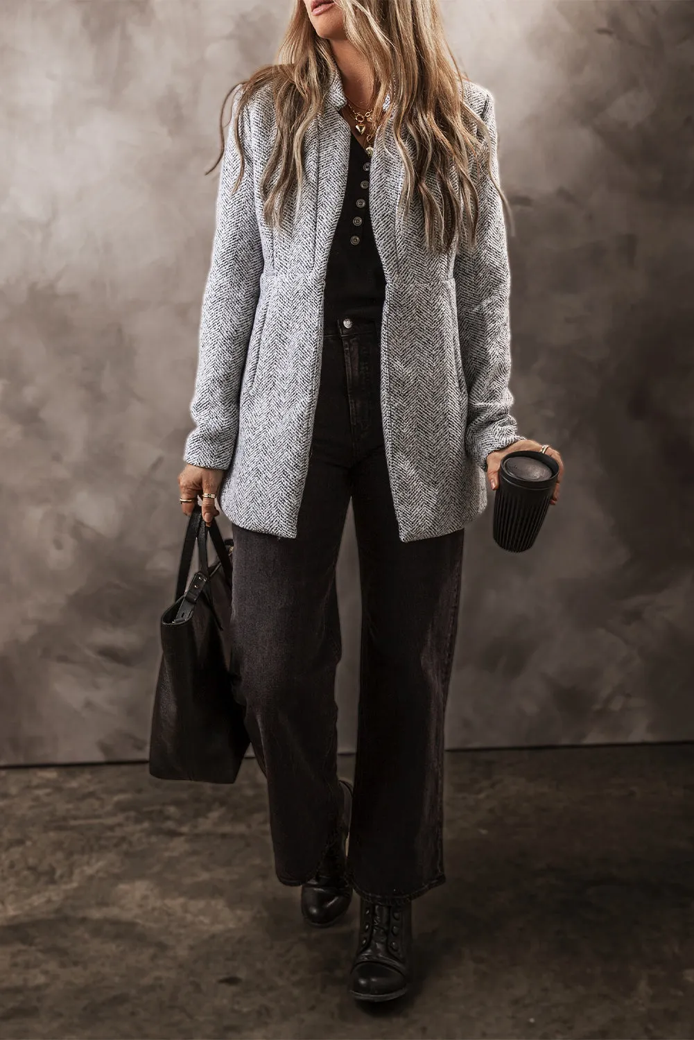Light Grey Lapel Collar Long Jacket with Pockete Blazer