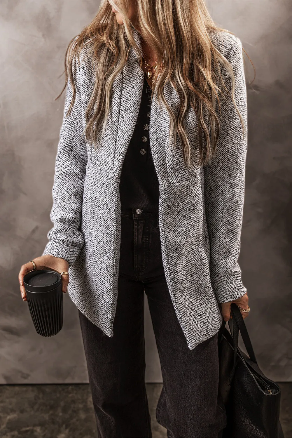 Light Grey Lapel Collar Long Jacket with Pockete Blazer