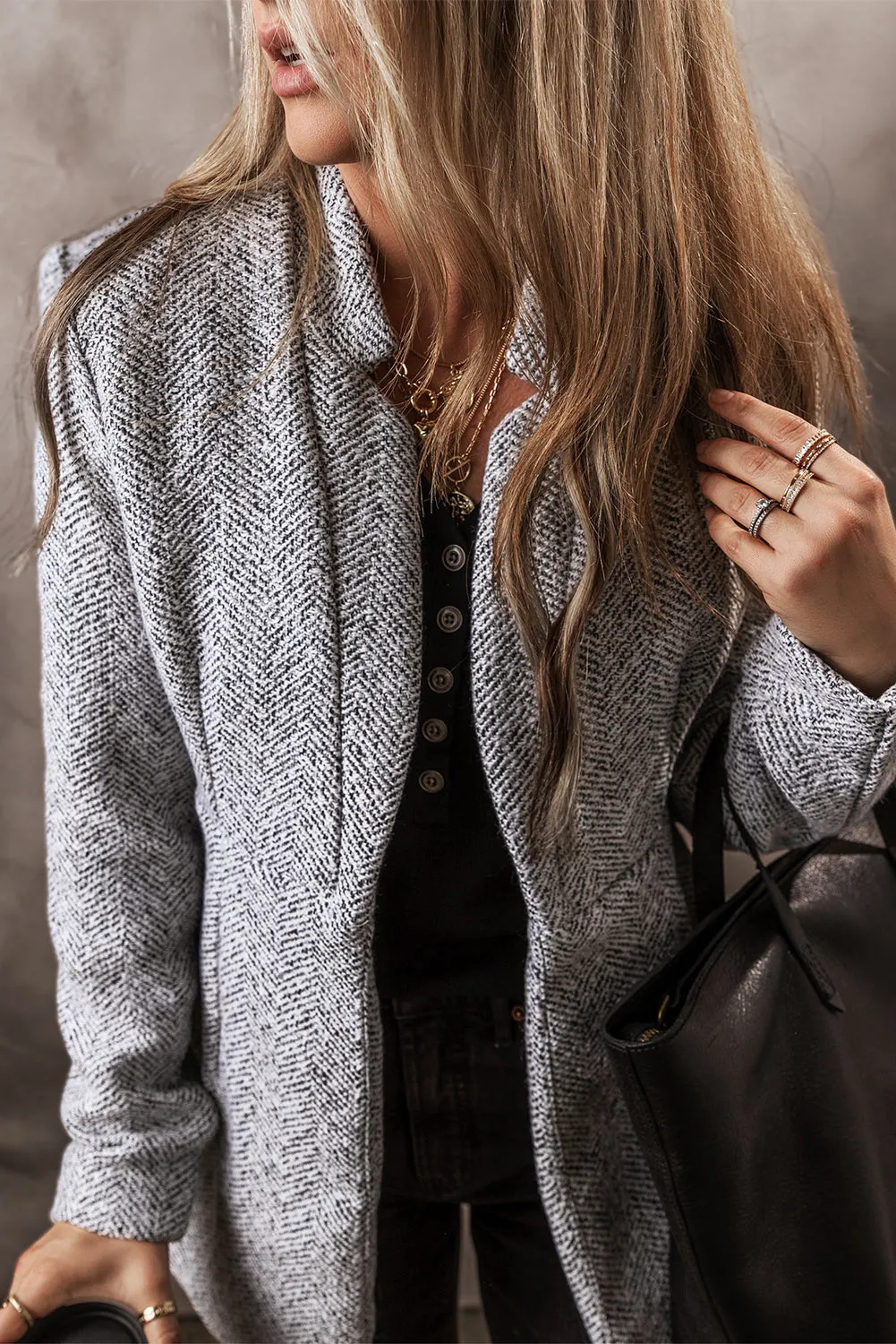 Light Grey Lapel Collar Long Jacket with Pockete Blazer