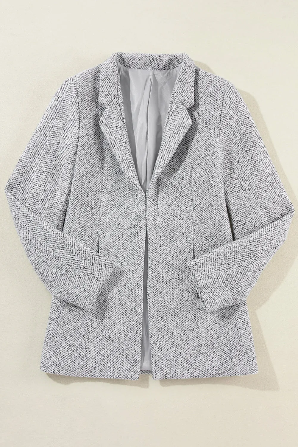 Light Grey Lapel Collar Long Jacket with Pockete Blazer