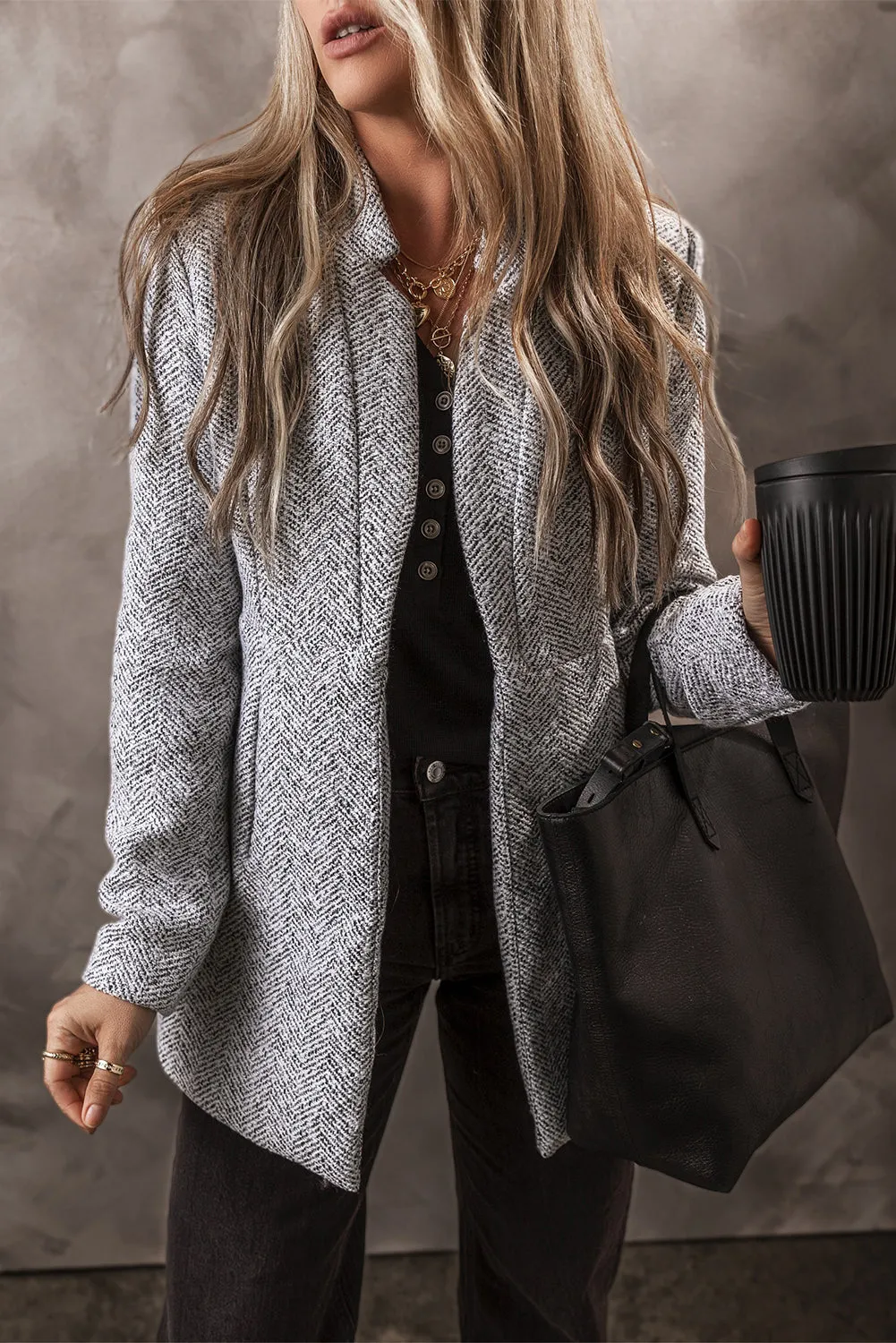 Light Grey Lapel Collar Long Jacket with Pockete Blazer