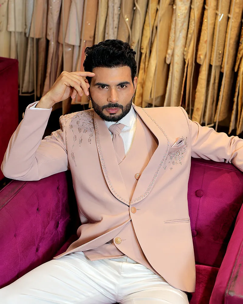Light Pink Hand Work Embroidered Blazer Suit In Cotton Silk