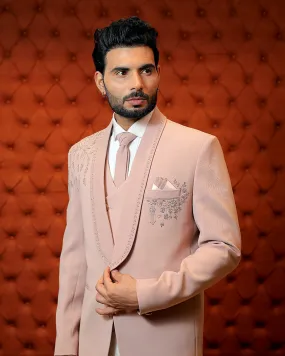 Light Pink Hand Work Embroidered Blazer Suit In Cotton Silk