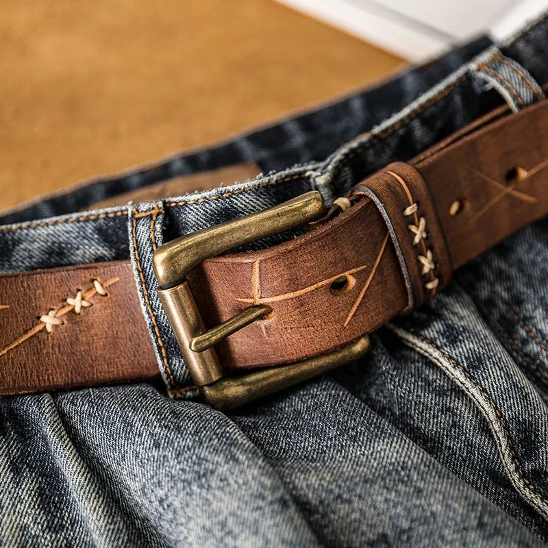 Men's Distressed Leather Belt with Brass Buckle - Western Vintage Style