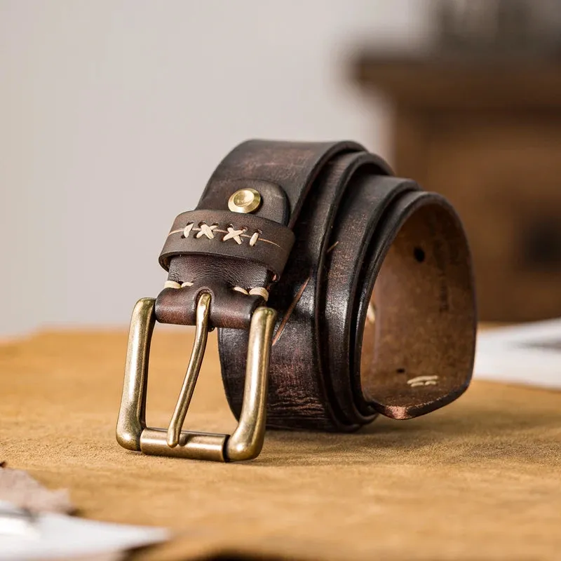 Men's Distressed Leather Belt with Brass Buckle - Western Vintage Style