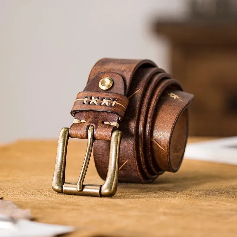 Men's Distressed Leather Belt with Brass Buckle - Western Vintage Style