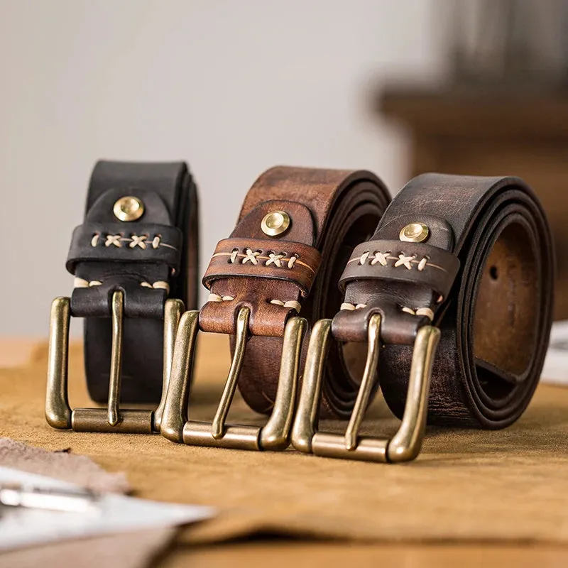 Men's Distressed Leather Belt with Brass Buckle - Western Vintage Style