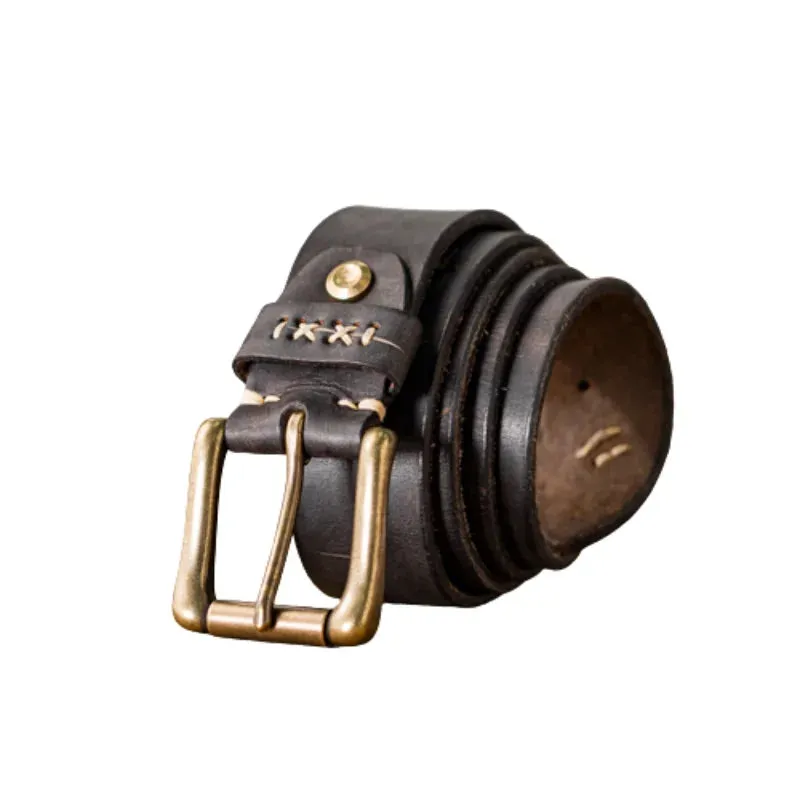 Men's Distressed Leather Belt with Brass Buckle - Western Vintage Style