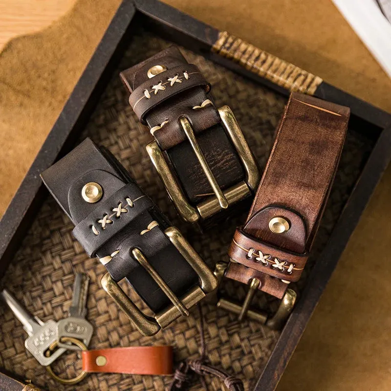 Men's Distressed Leather Belt with Brass Buckle - Western Vintage Style
