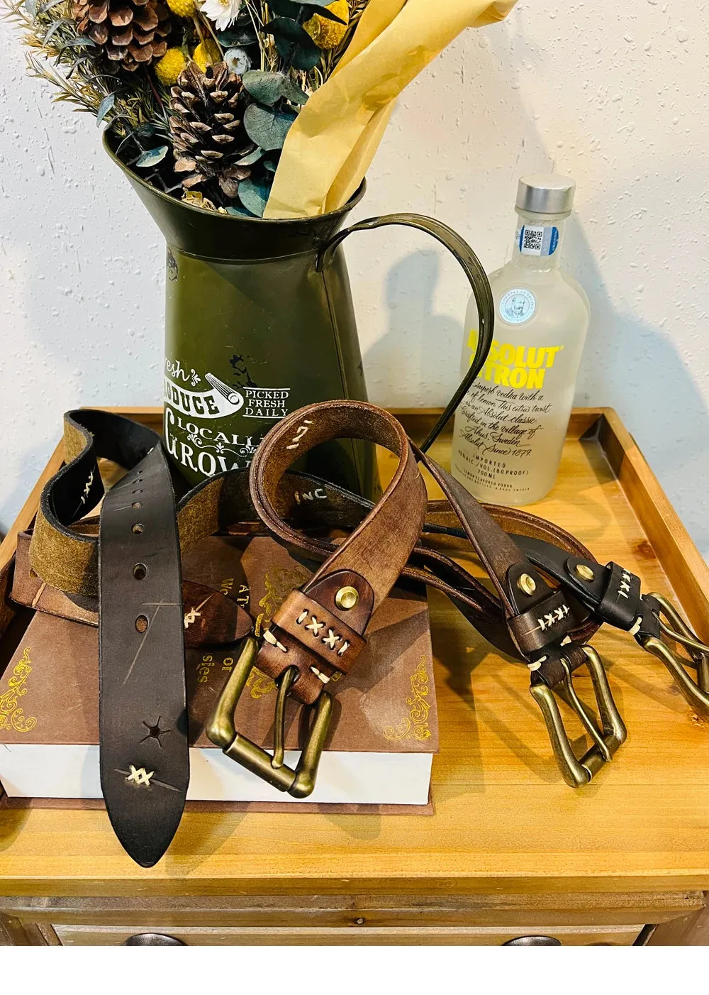 Men's Distressed Leather Belt with Brass Buckle - Western Vintage Style