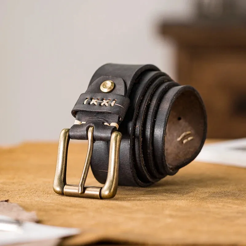 Men's Distressed Leather Belt with Brass Buckle - Western Vintage Style