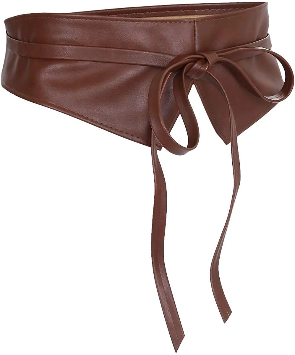 Obi Style Black Leather Cinch Waistband Belt