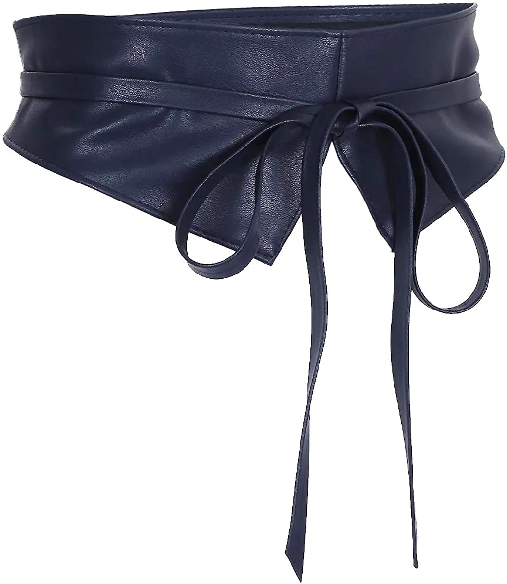 Obi Style Black Leather Cinch Waistband Belt