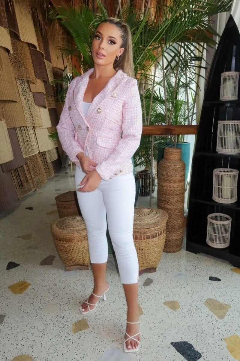 Pink Tweed Check Dome Button Blazer