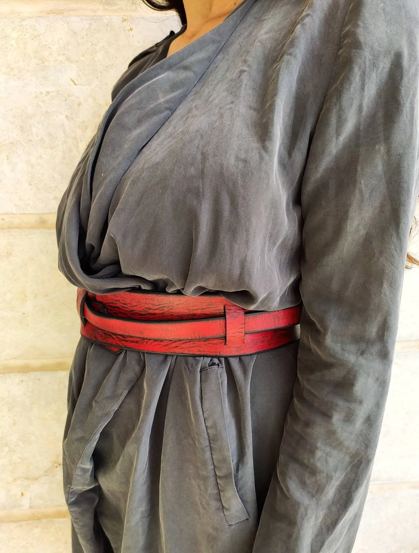 Red Leather Waist Belt with Black Trim - Stylish and Versatile Accessory for Dresses Jackets and Oversized Clothing