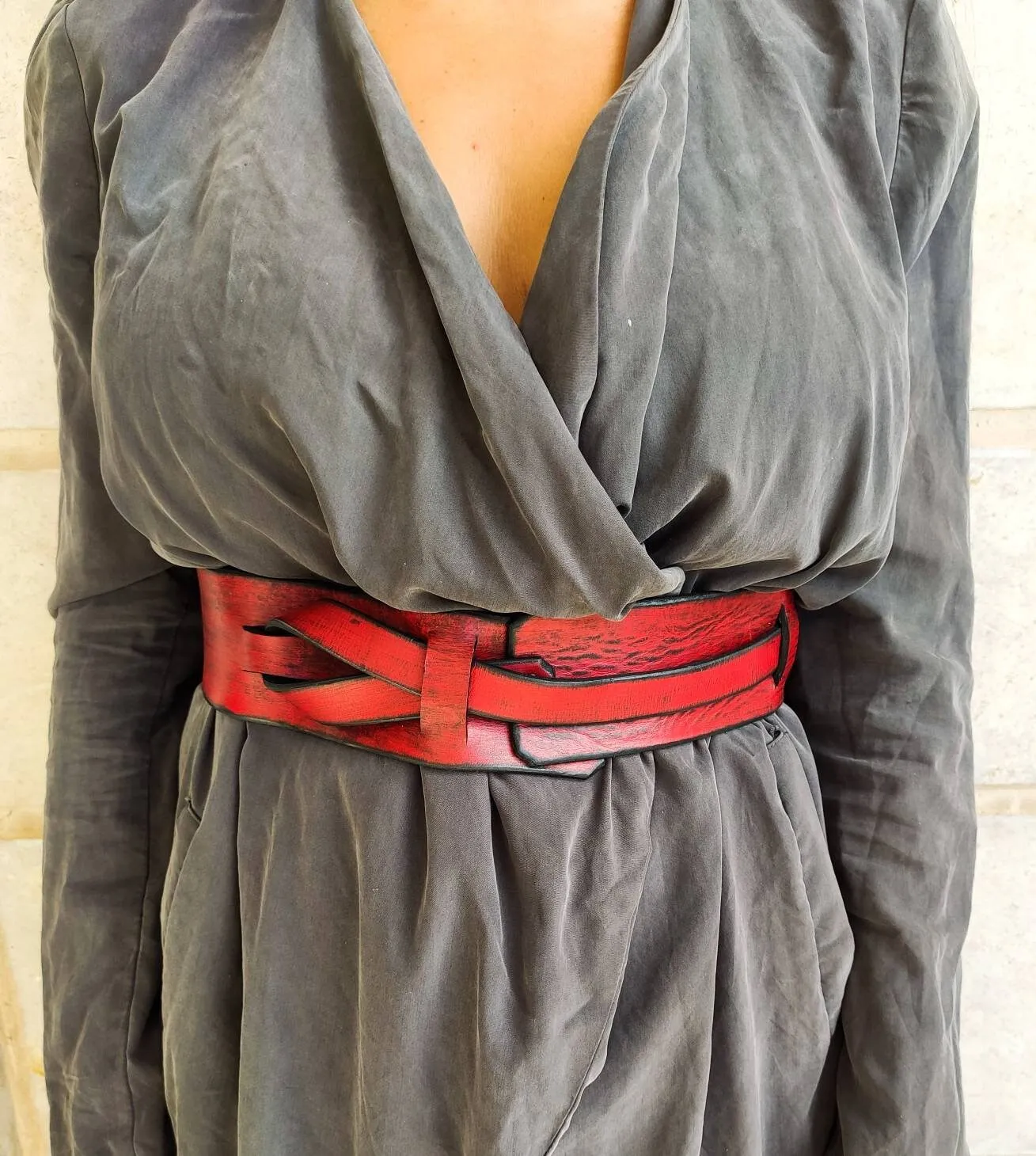 Red Leather Waist Belt with Black Trim - Stylish and Versatile Accessory for Dresses Jackets and Oversized Clothing