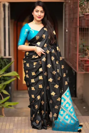 Smart Black and Firozi Soft Silk Saree With Arresting Blouse Piece
