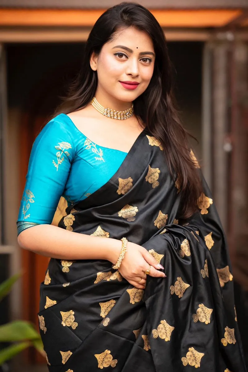 Smart Black and Firozi Soft Silk Saree With Arresting Blouse Piece