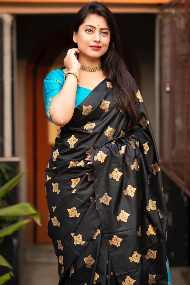 Smart Black and Firozi Soft Silk Saree With Arresting Blouse Piece