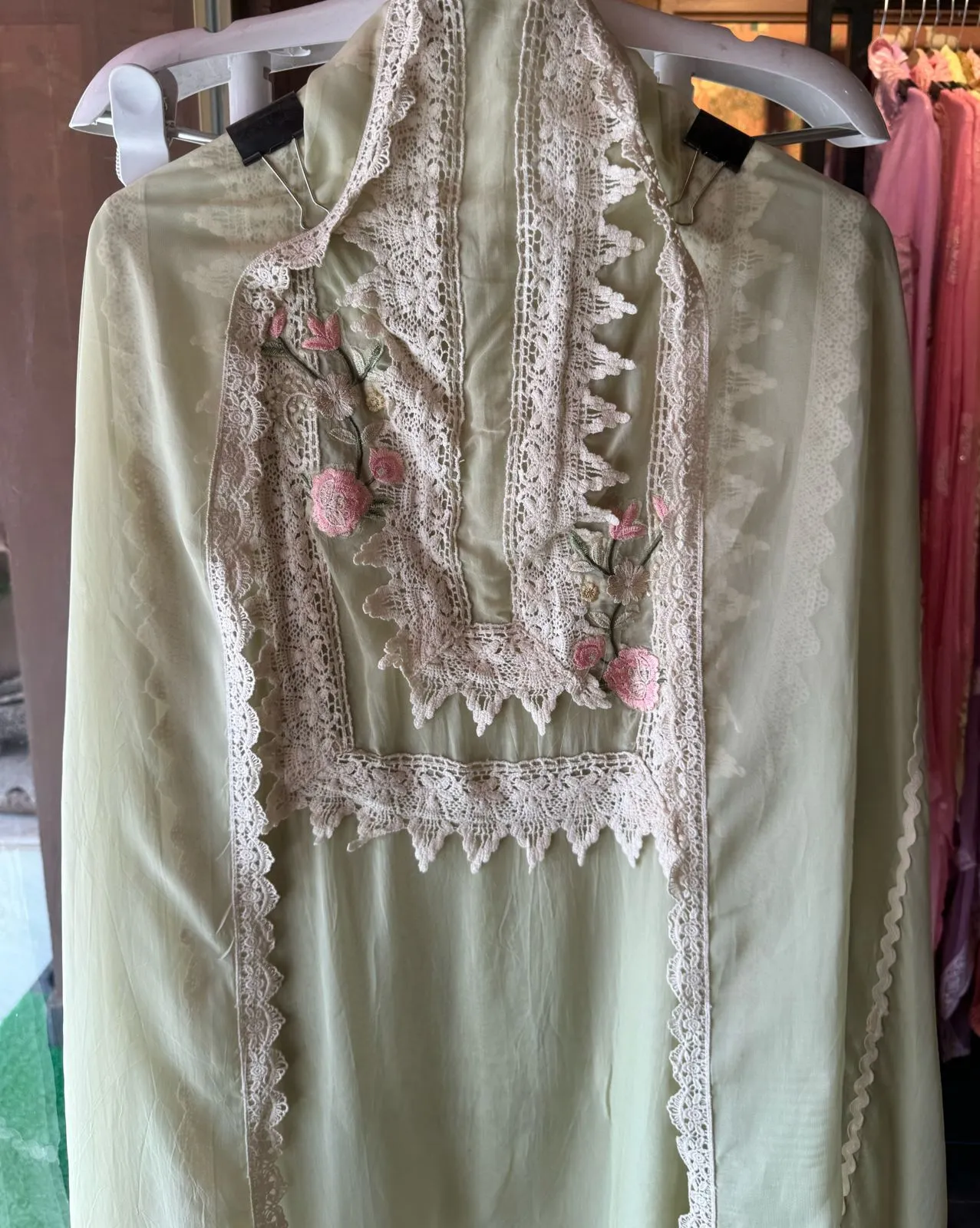 Soft Flowy organza Shirt with Crochia lacework with thread embroidery on the shirt neckline and ghera