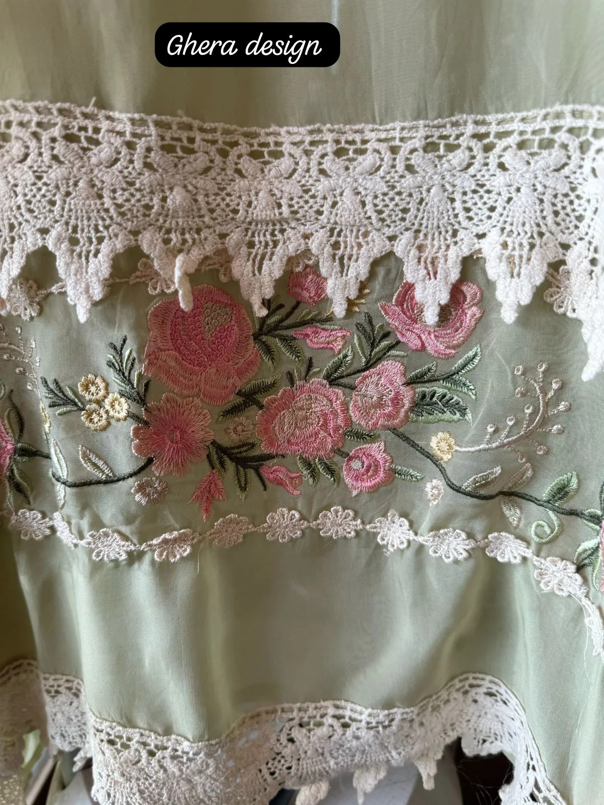Soft Flowy organza Shirt with Crochia lacework with thread embroidery on the shirt neckline and ghera