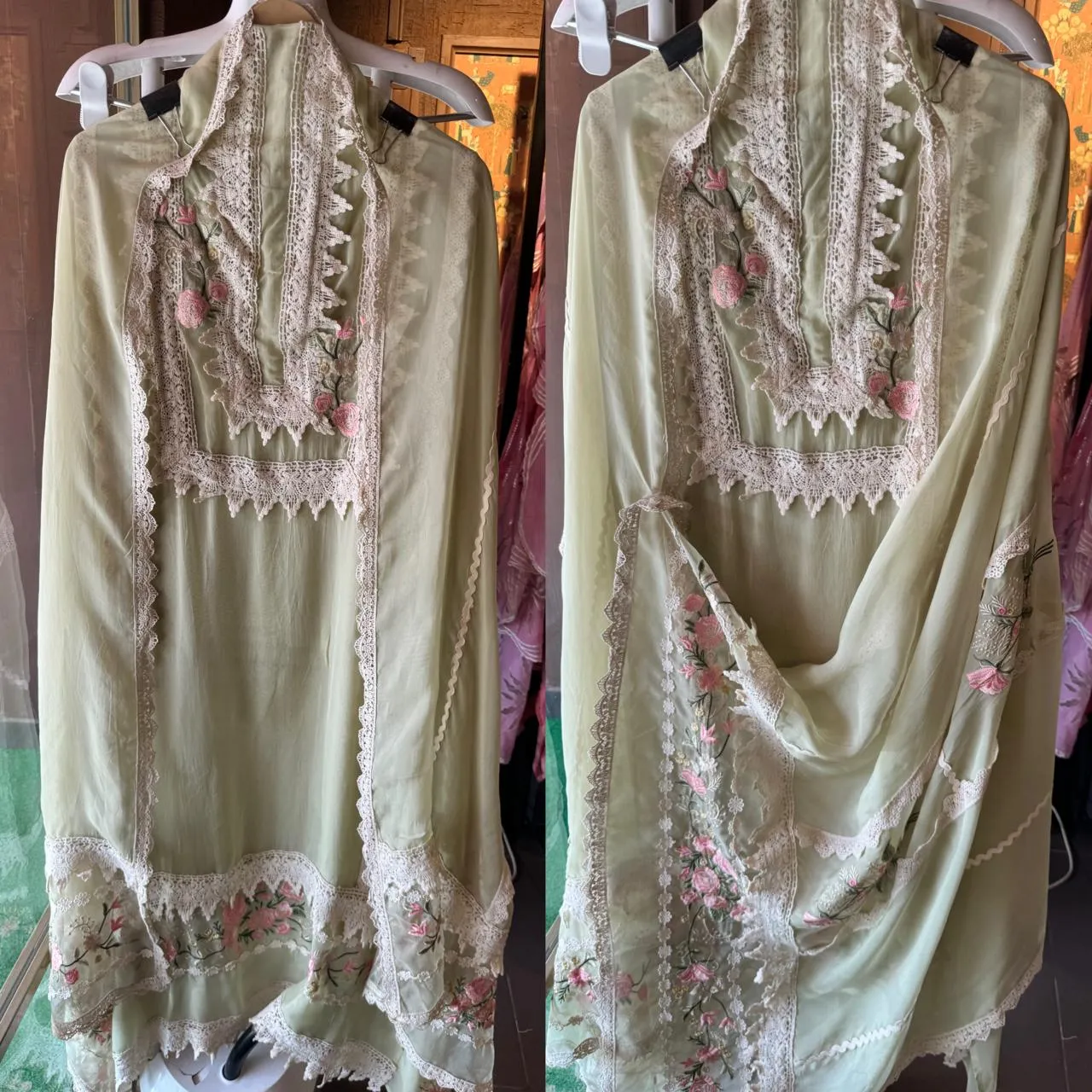 Soft Flowy organza Shirt with Crochia lacework with thread embroidery on the shirt neckline and ghera