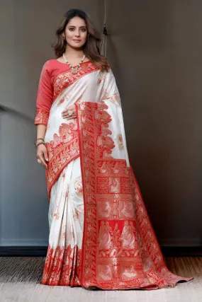 Sophisticated White Soft Banarasi Silk Saree With Skinny Blouse Piece