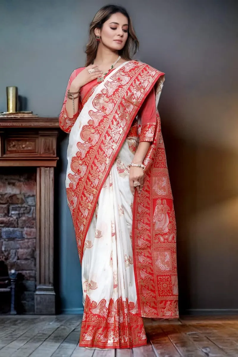 Sophisticated White Soft Banarasi Silk Saree With Skinny Blouse Piece