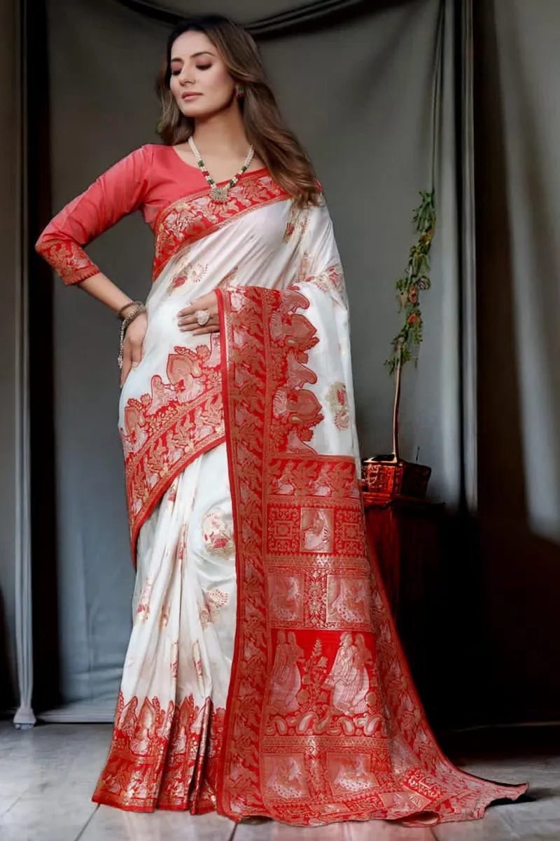 Sophisticated White Soft Banarasi Silk Saree With Skinny Blouse Piece