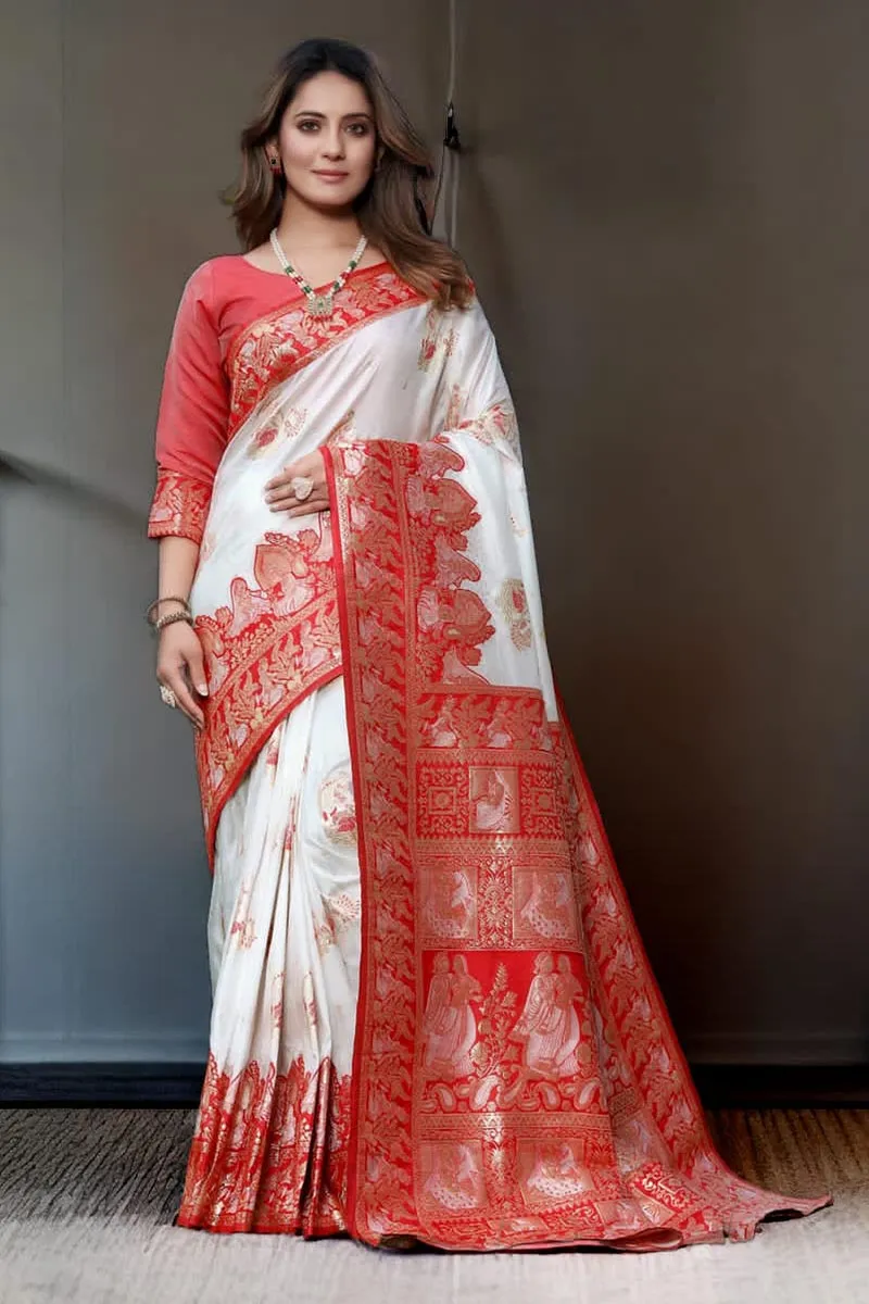 Sophisticated White Soft Banarasi Silk Saree With Skinny Blouse Piece