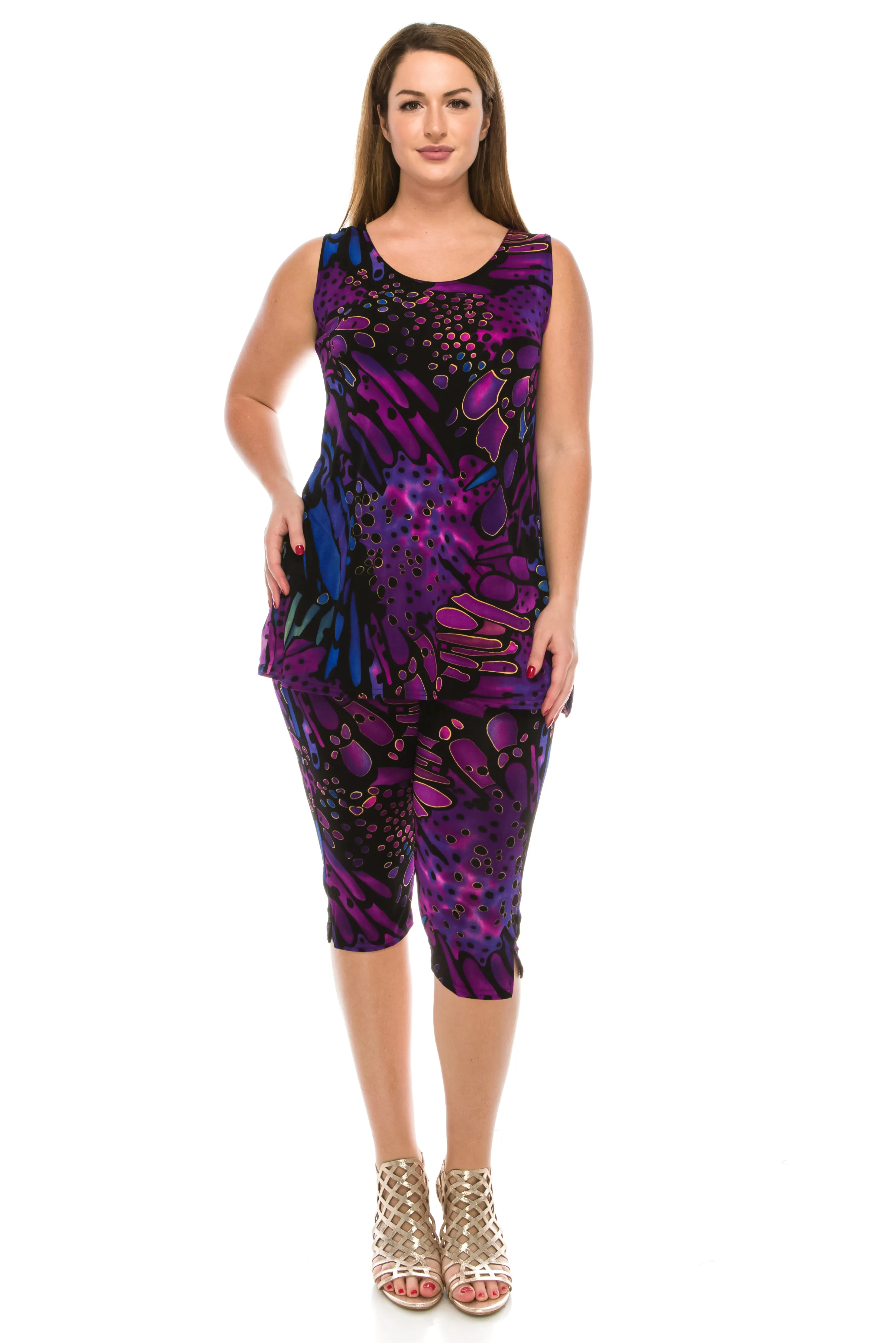 Stretchy Tank Capri Pant Set Print-9002BN-TRP1-W207