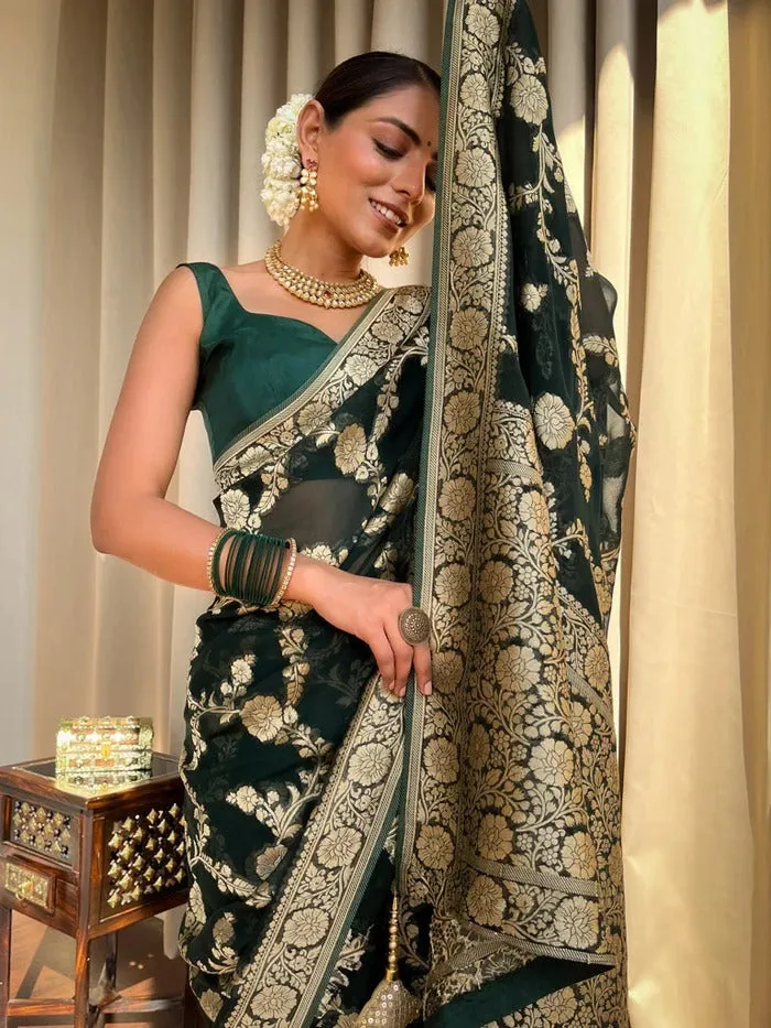 Tantalizing Dark Green Soft Silk Saree With Unique Blouse Piece